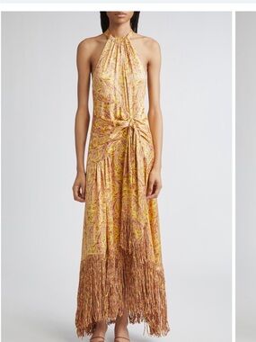 cinq a sept Yellow Paisley One-Shoulder Halter Maxi Dress with Fringe